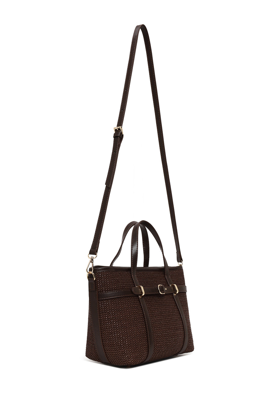 Woman Brown Mini Straw Shoulder Bag with Long Strap