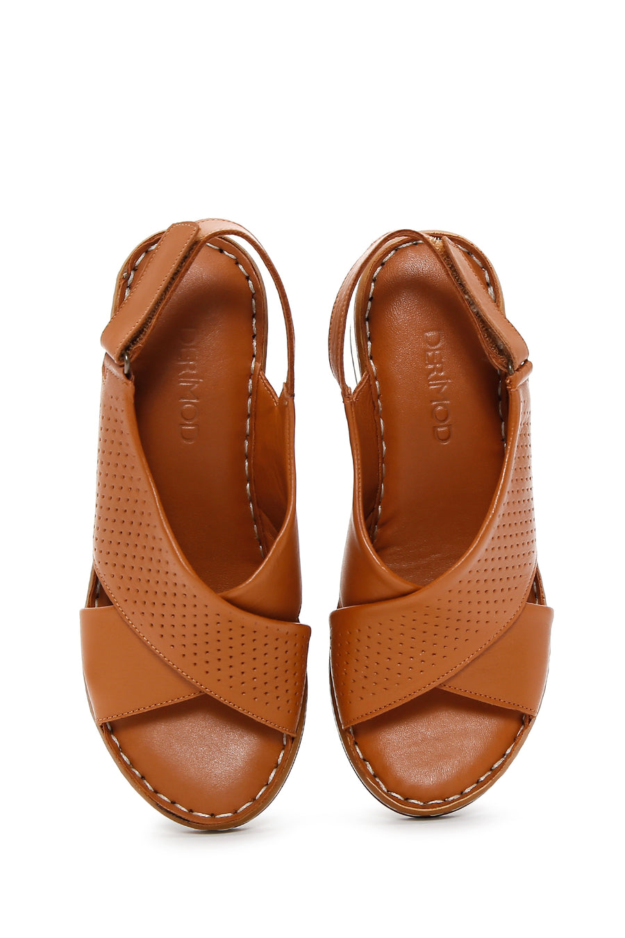 Women's Tan Wedge Heeled Leather Comfort Sandals with Ankle Strap