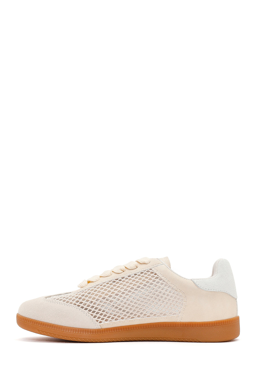 Women's Beige Lace-Up Mesh Suede Leather Sneaker