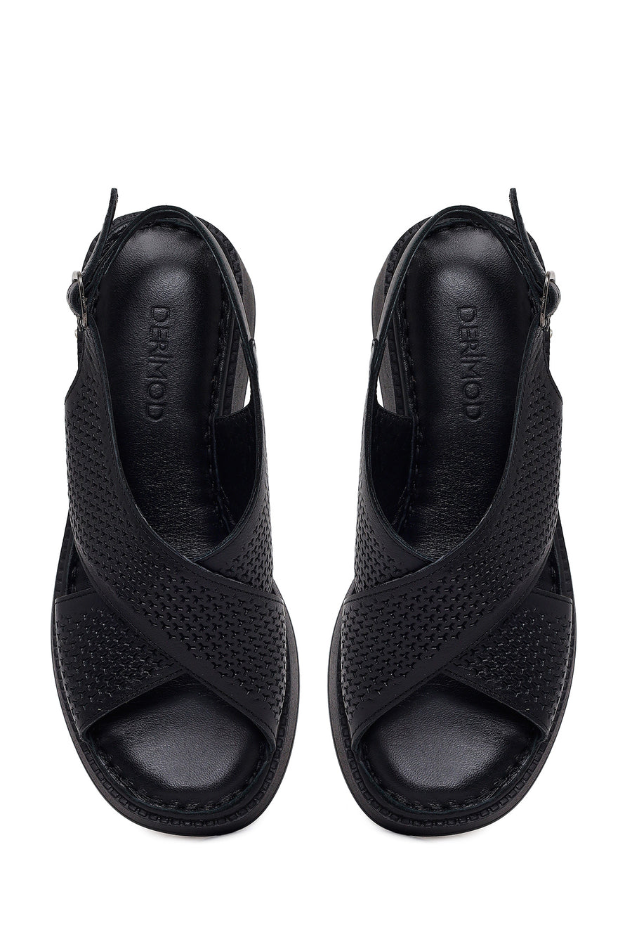 Woman Black Ankle-Buckle Wedge-Heel Leather Comfort Sandal