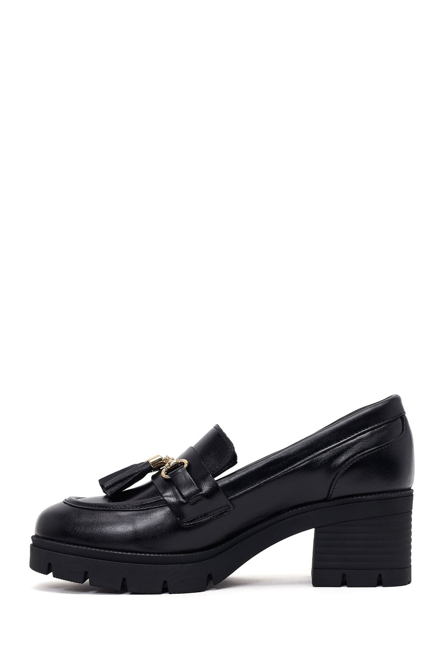 Woman Black Chunky-Heeled Buckled Leather Loafer