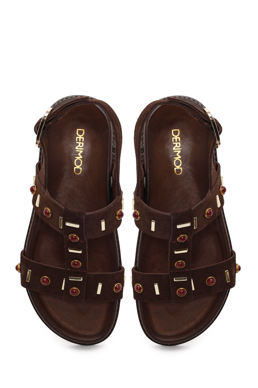 Woman Brown Stone-Embellished Suede Leather Sandals