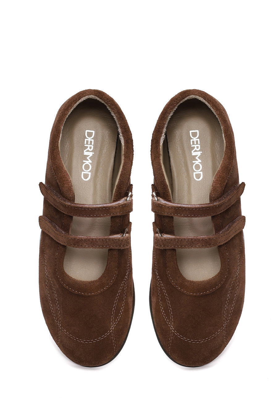 Woman Brown Double-Strap Suede Leather Ballet Flat