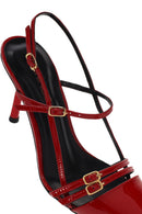 Women's Red Ankle Strap Open Back Heeled Patent Leather Shoes | Derimod