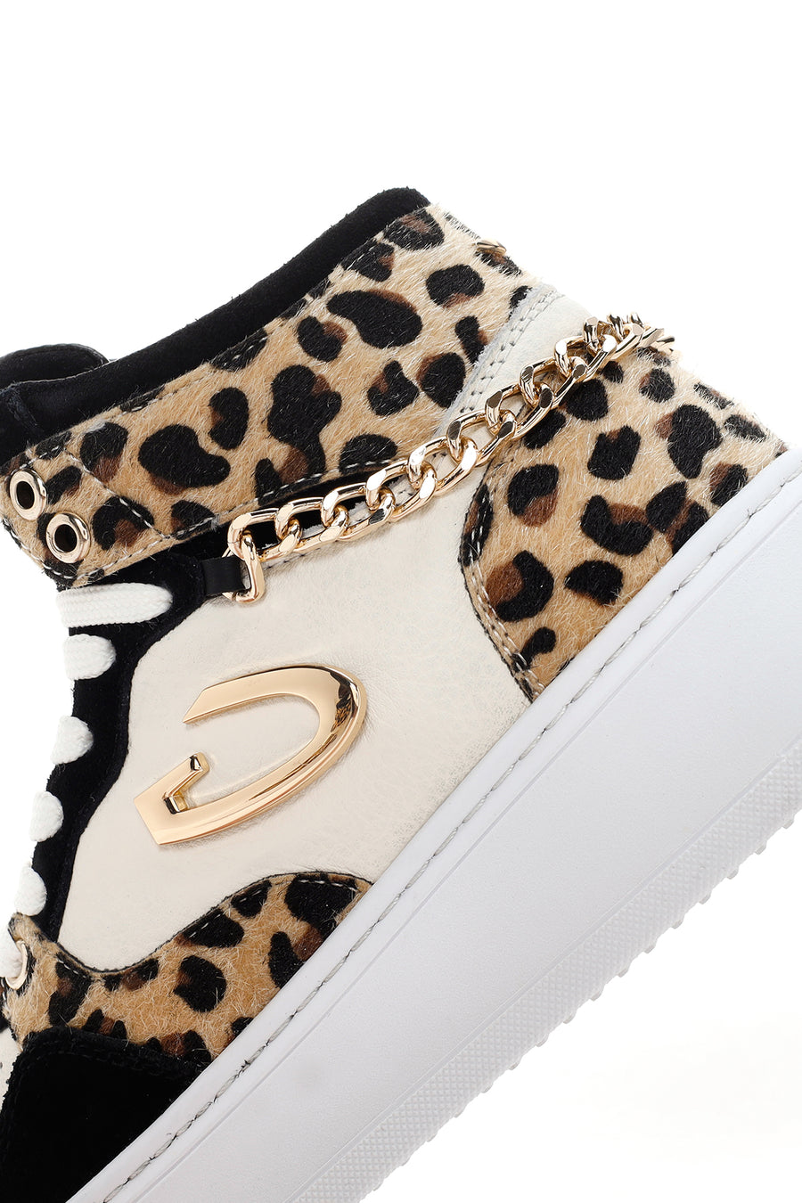 Alberto Guardiani Women's Black White Leopard Leather Thick Sole High Top Sneaker
