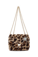 Women's Brown Leopard Pattern Long Chain Strap Plush Shoulder Bag | Derimod