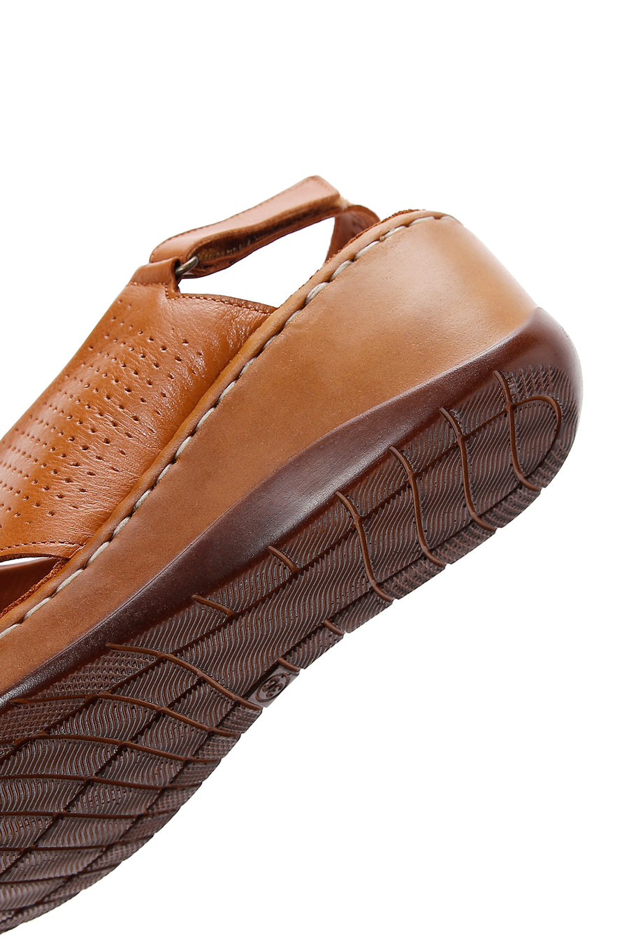 Women's Tan Wedge Heeled Leather Comfort Sandals with Ankle Strap