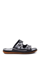 Men's Black Leather Double Buckle Slippers | Derimod