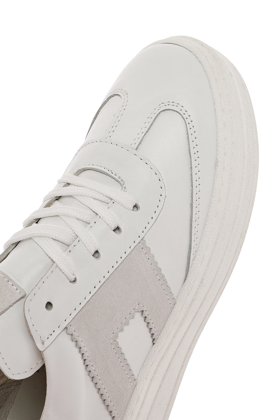 Women's White Lace-up Thick-Sole Leather Sneaker