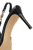 Woman Black Buckled Open Back Patterned Thin Heel Leather Shoe | Derimod