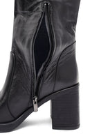 Woman Black Zippered Chunky Heels Leather Boot | Derimod