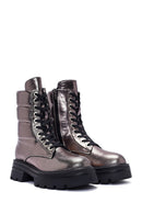 Women's Bronze Zipper Metallic Leather Combat Boots | Derimod