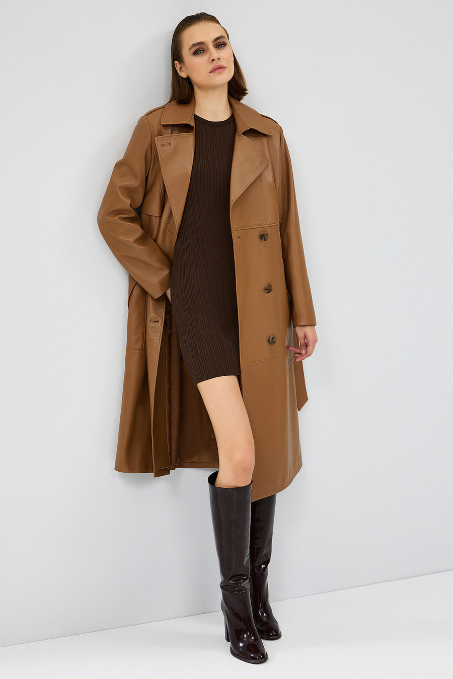 Natalia Women's Brown Leather Trench Coat