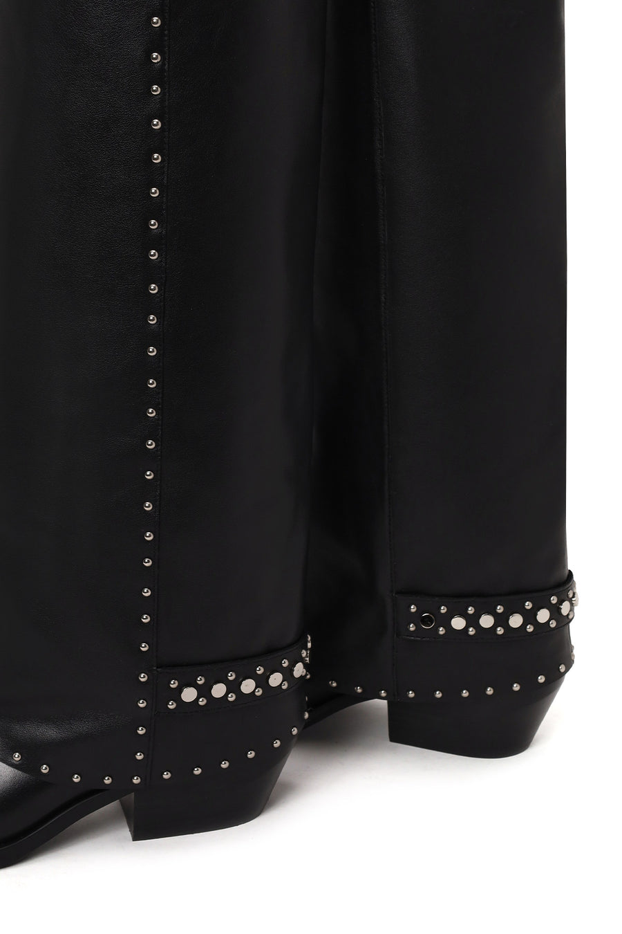 Woman Black Studded Chunky-Heeled Leather Cowboy Boots
