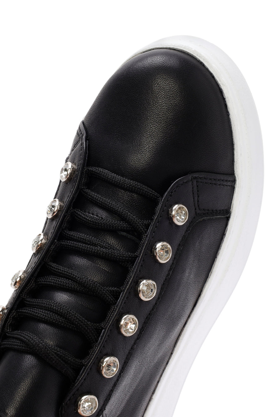 Kadın Siyah Taşlı Bağcıklı Kalın Tabanlı Deri Sneaker