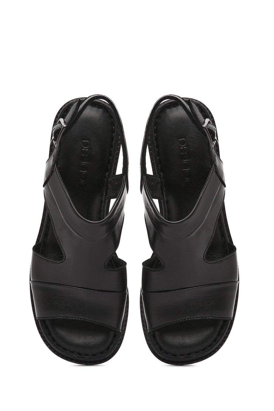 Women's Black Ankle Strap Thick Heeled Leather Sandals