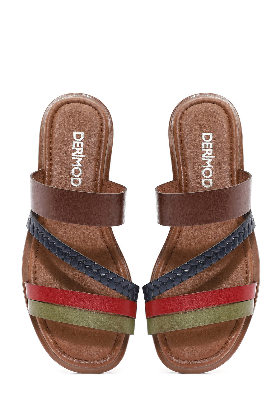 Women's Multicolored Knitted Detailed Leather Slippers