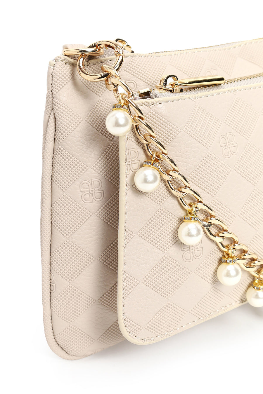 Woman Cream Long Strap Printed Clutch Bag