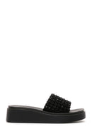 Women's Black Stone Wedge Heeled Slippers | Derimod