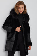 Virginia Women's Black Hooded Long Teddy Coat | Derimod