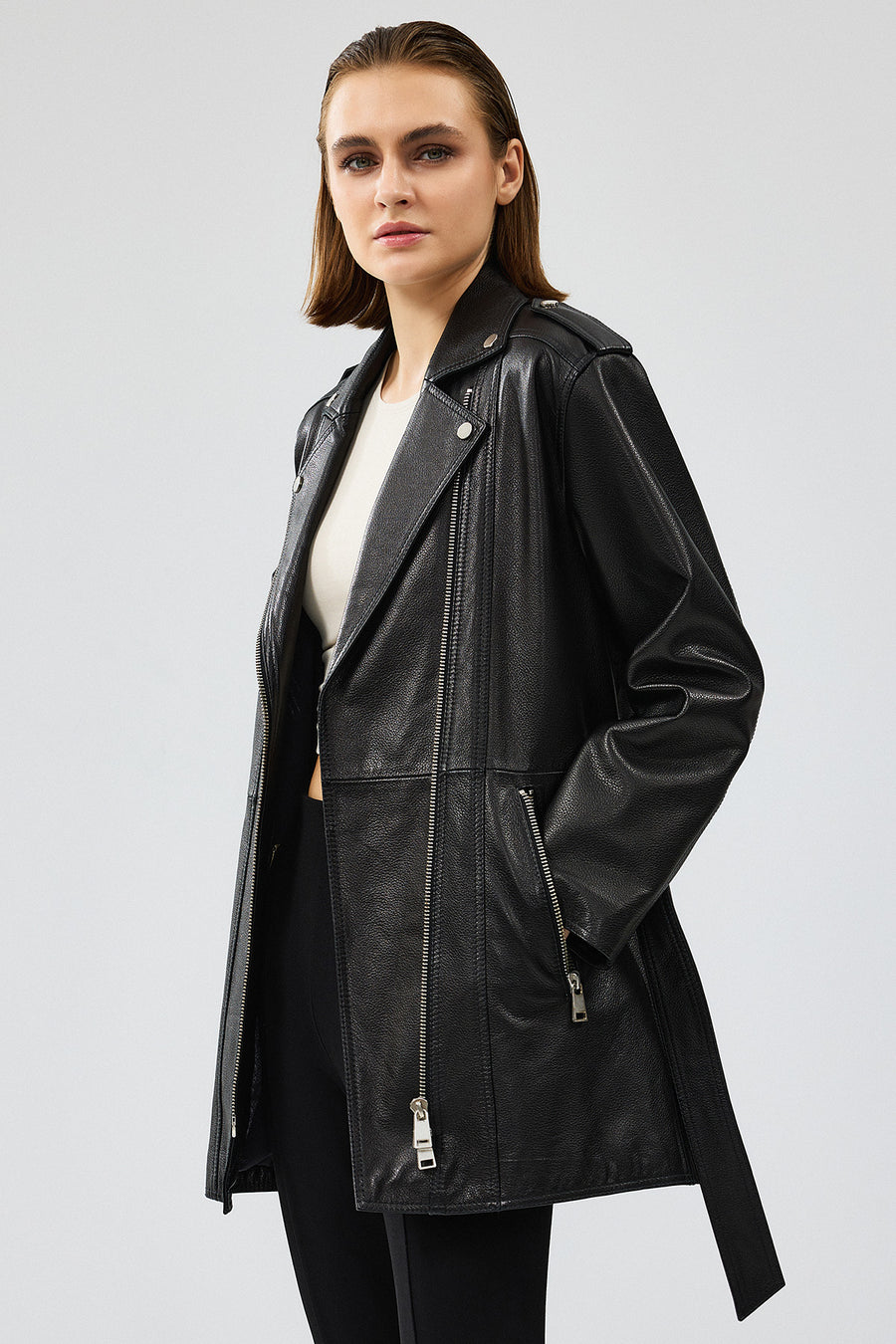 Venus Women's Black Double Breasted Leather Jacket