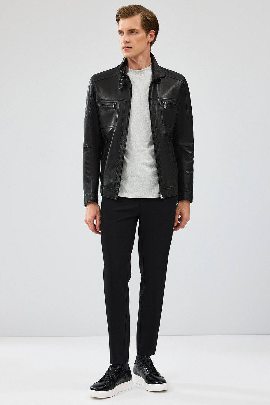 Wade Erkek Siyah Slim-Fit Deri Mont