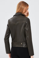 Melody Women's Green Biker Leather Jacket | Derimod