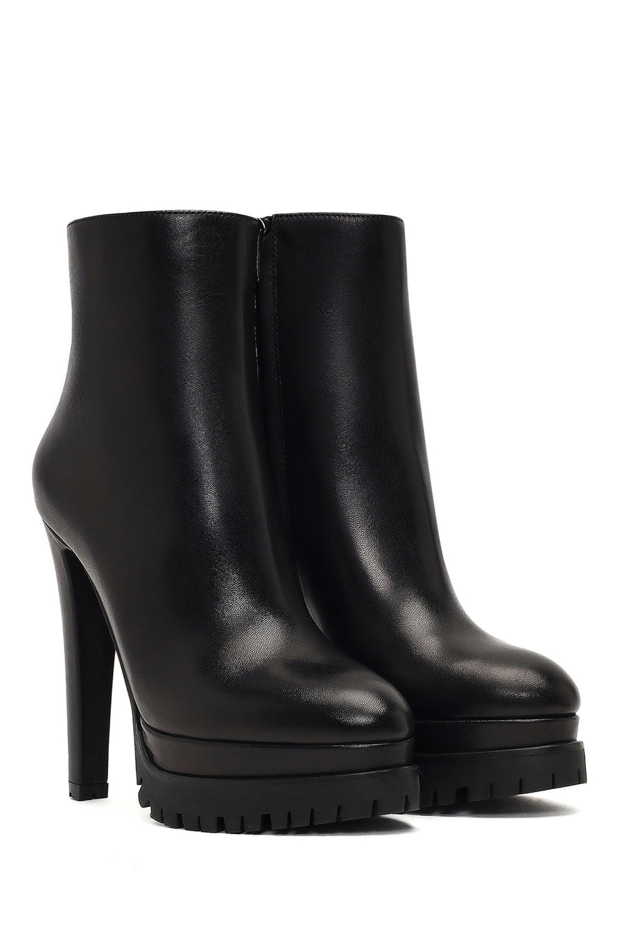 Woman Black Zip Closure Platform High Thick-Heeled Leather Boots