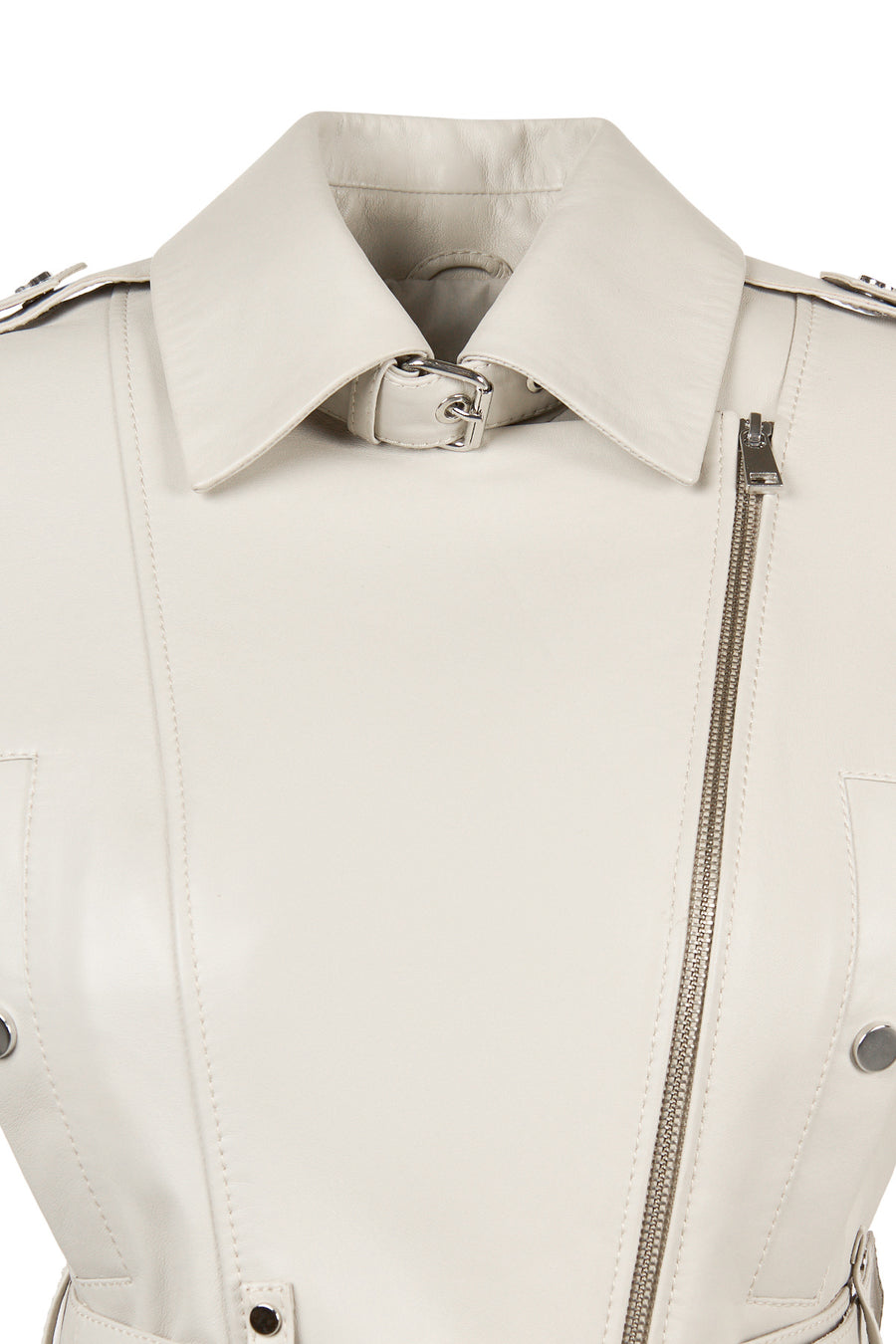 Avanti Woman Beige Off-Shoulder Short Biker Leather Jacket
