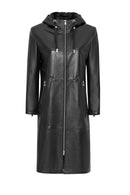 Selena Women's Black Hooded Leather Coat | Derimod