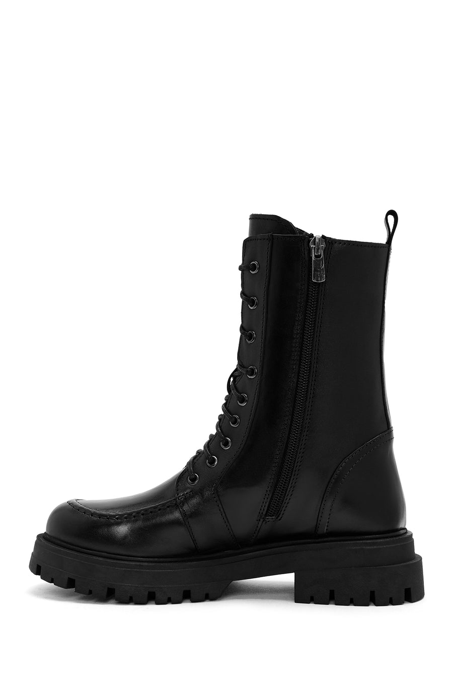 Women's Black Lace-Up Zipper Detailed Leather Combat Boots