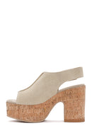 Women's Beige Ankle Strap Platform Heeled Suede Sandals | Derimod