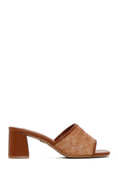 Women's Tan Thick Short Heeled Straw Slippers | Derimod