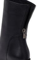 Woman Black Zip Closure Thick-Heeled Leather Boots | Derimod