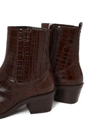 Woman Brown Thick-heeled Croc-embossed Leather Cowboy Boots | Derimod
