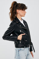 Newage Women's Black Slim-Fit Biker Leather Jacket | Derimod