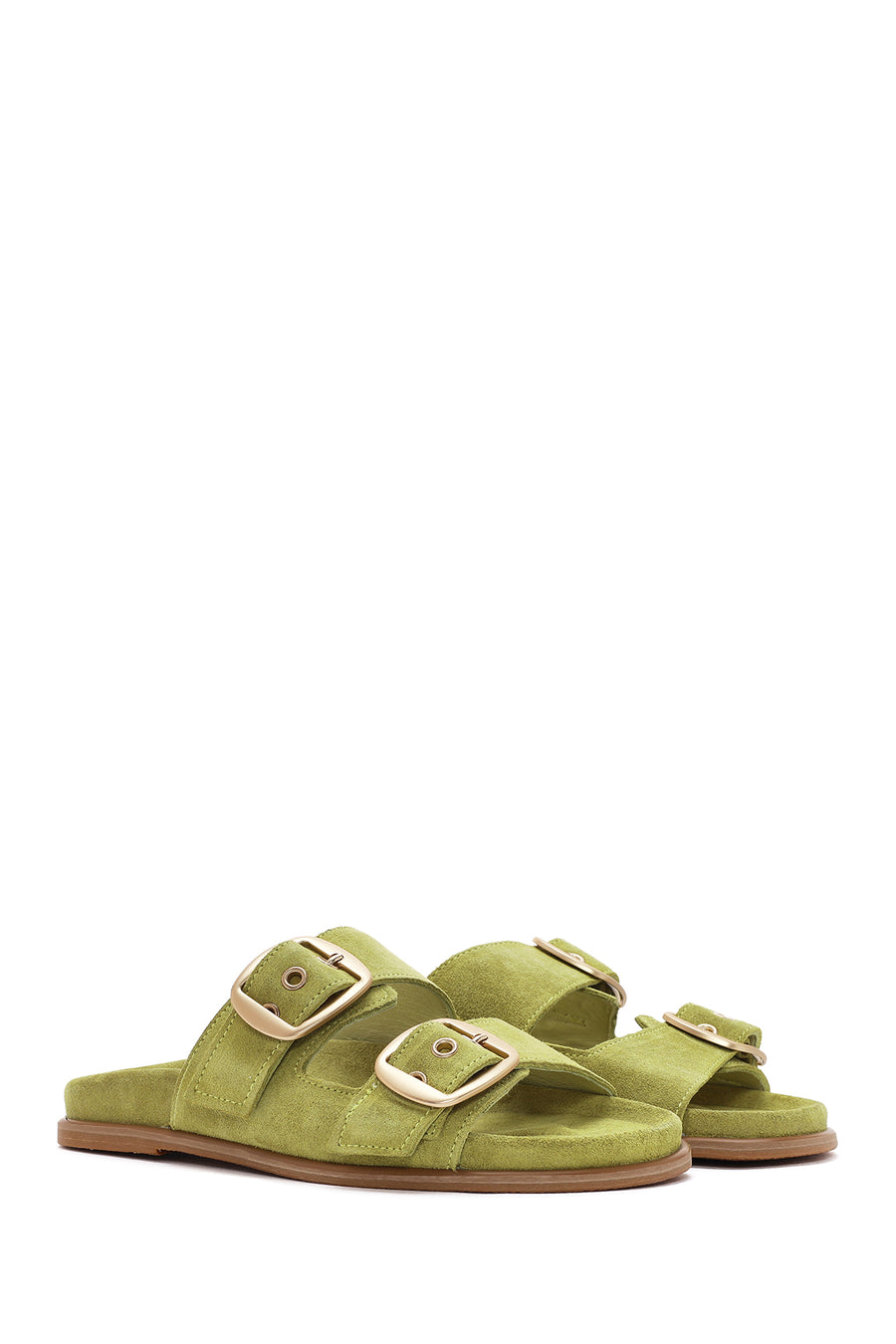 Women's Green Buckle Suede Leather Slippers