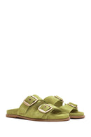 Women's Green Buckle Suede Leather Slippers | Derimod