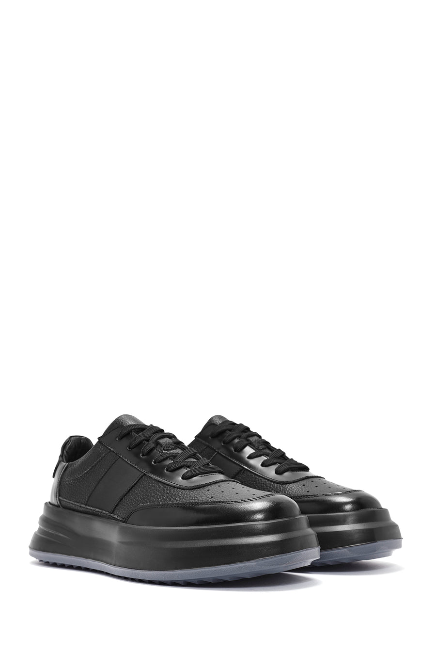 Erkek Siyah Bağcıklı Kalın Tabanlı Deri Sneaker
