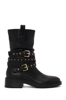Woman Black Leather Biker Boots | Derimod