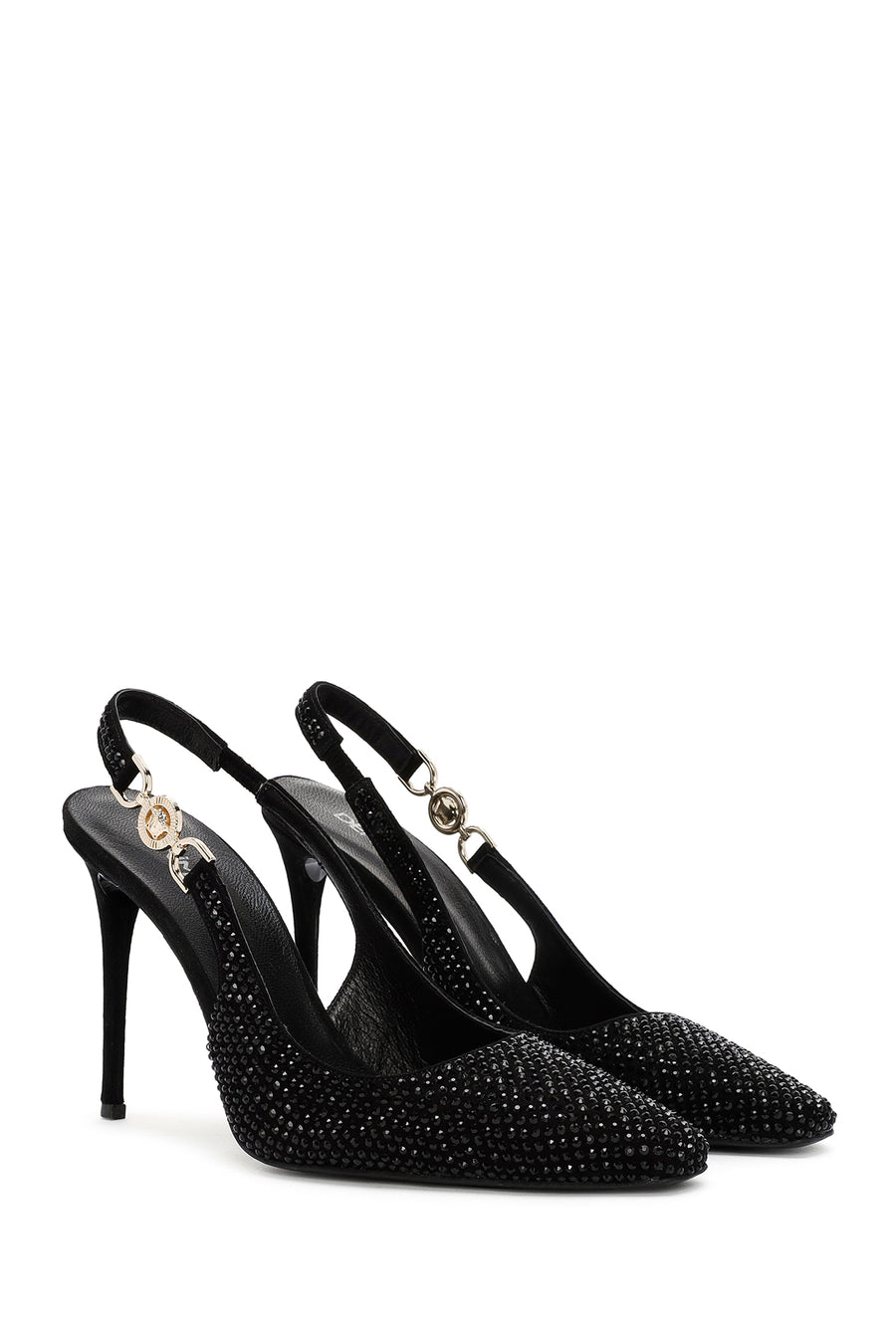 Women's Black Stoned Slingback Heeled Leather Shoes