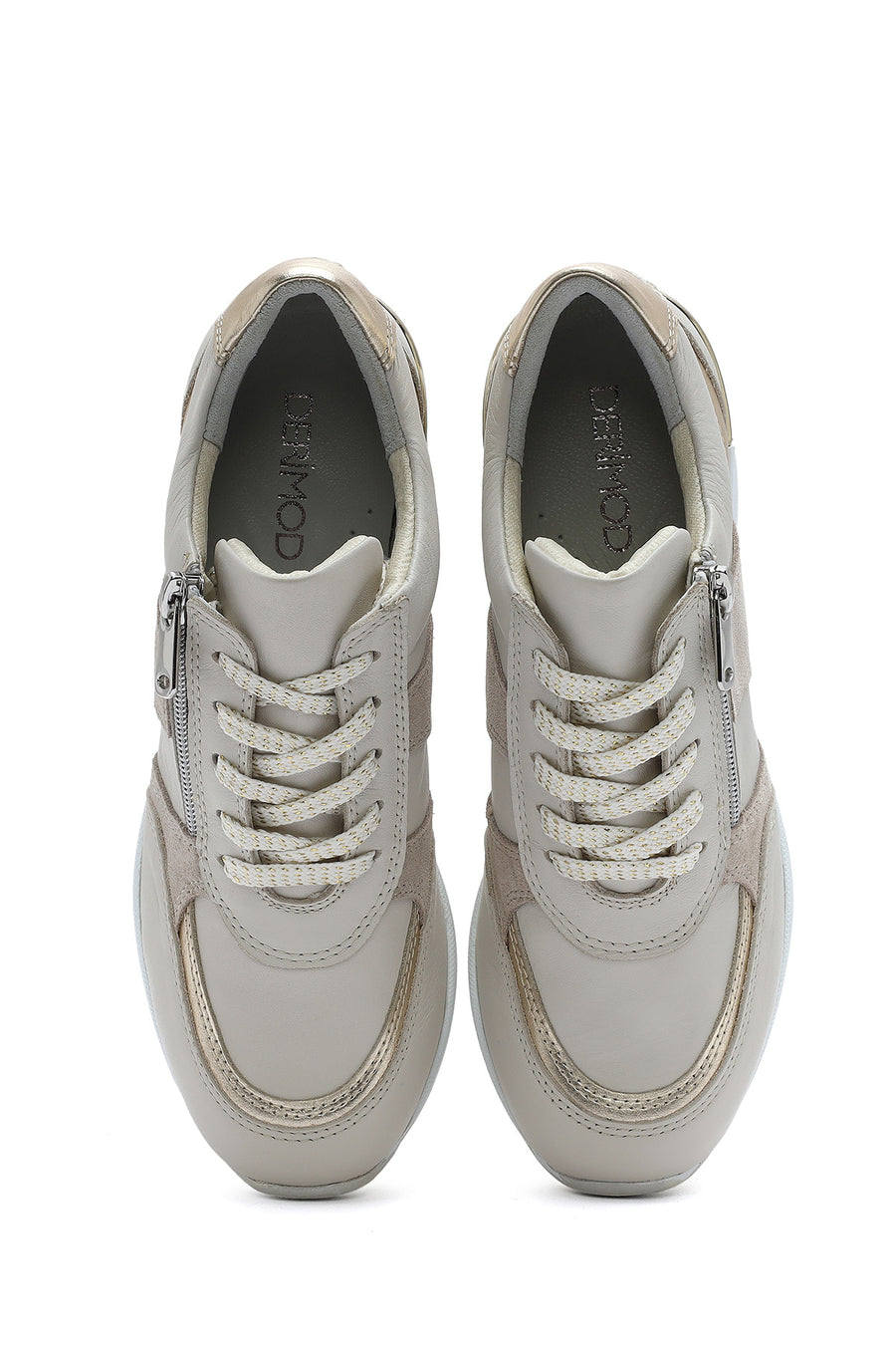 Women's Beige Wedge Heel Side Zip Leather Sneakers