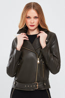 Melody Women's Green Biker Leather Jacket | Derimod