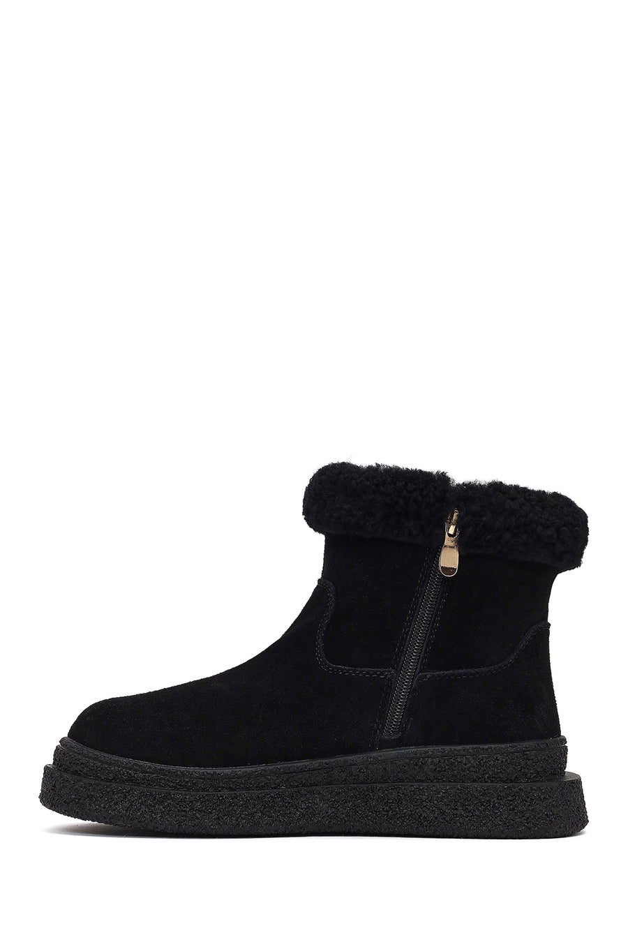Woman Black Zip Closure Thick-Soled Suede Teddy Boots