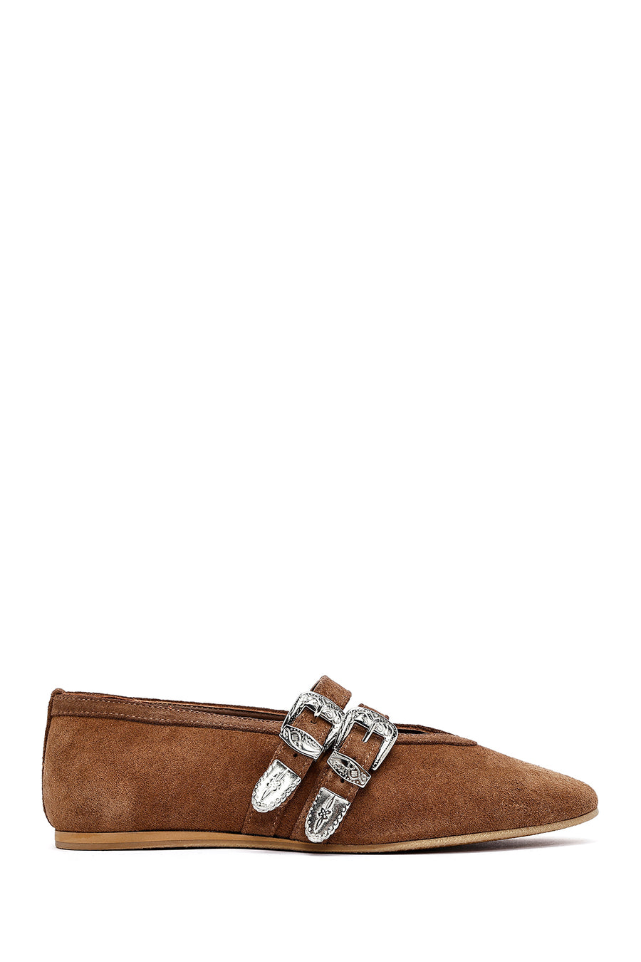 Women's Tan Double Buckled Suede Leather Ballerinas 25SFD140210 | Derimod