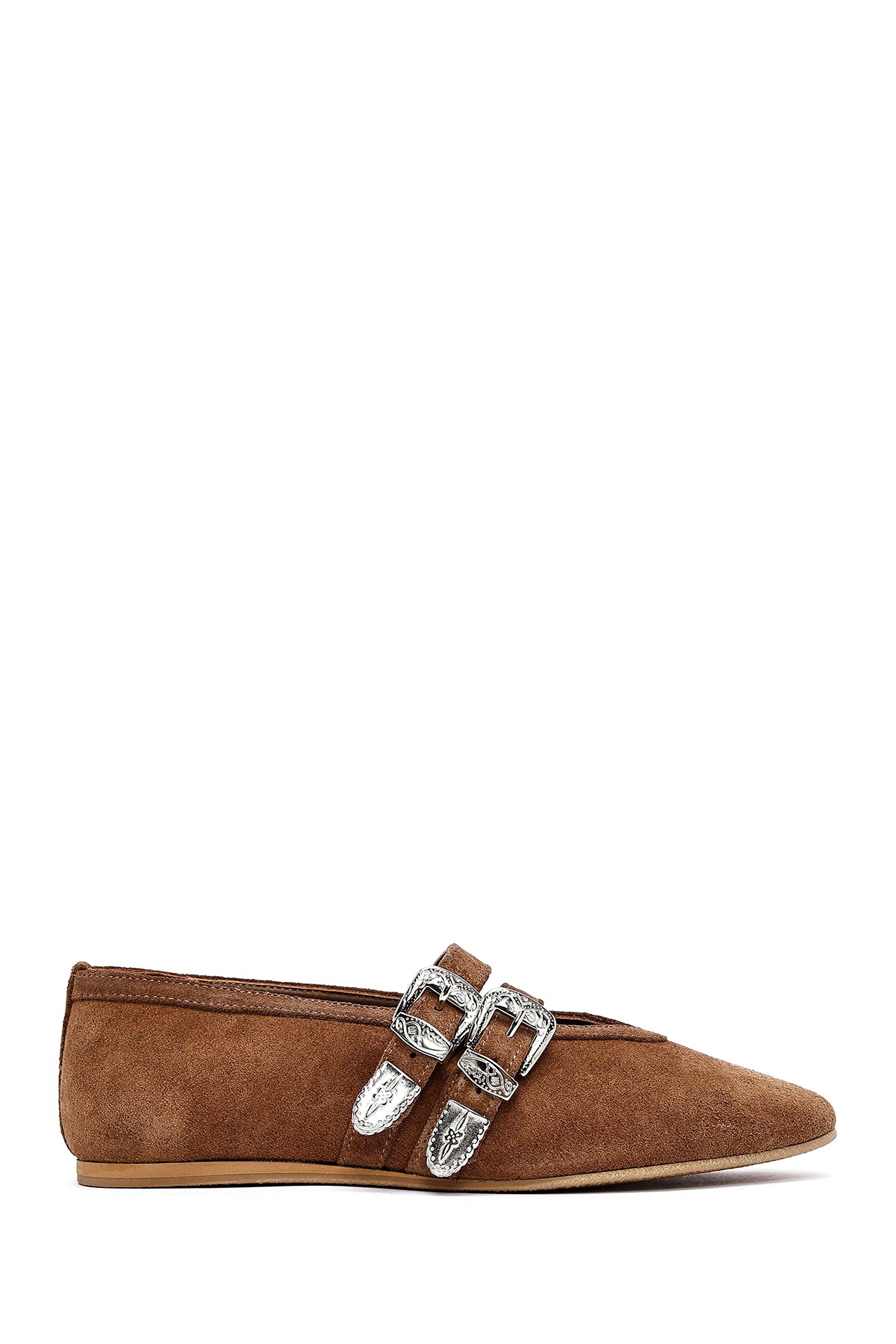 Women's Tan Double Buckled Suede Leather Ballerinas 26PFD140010 | Derimod