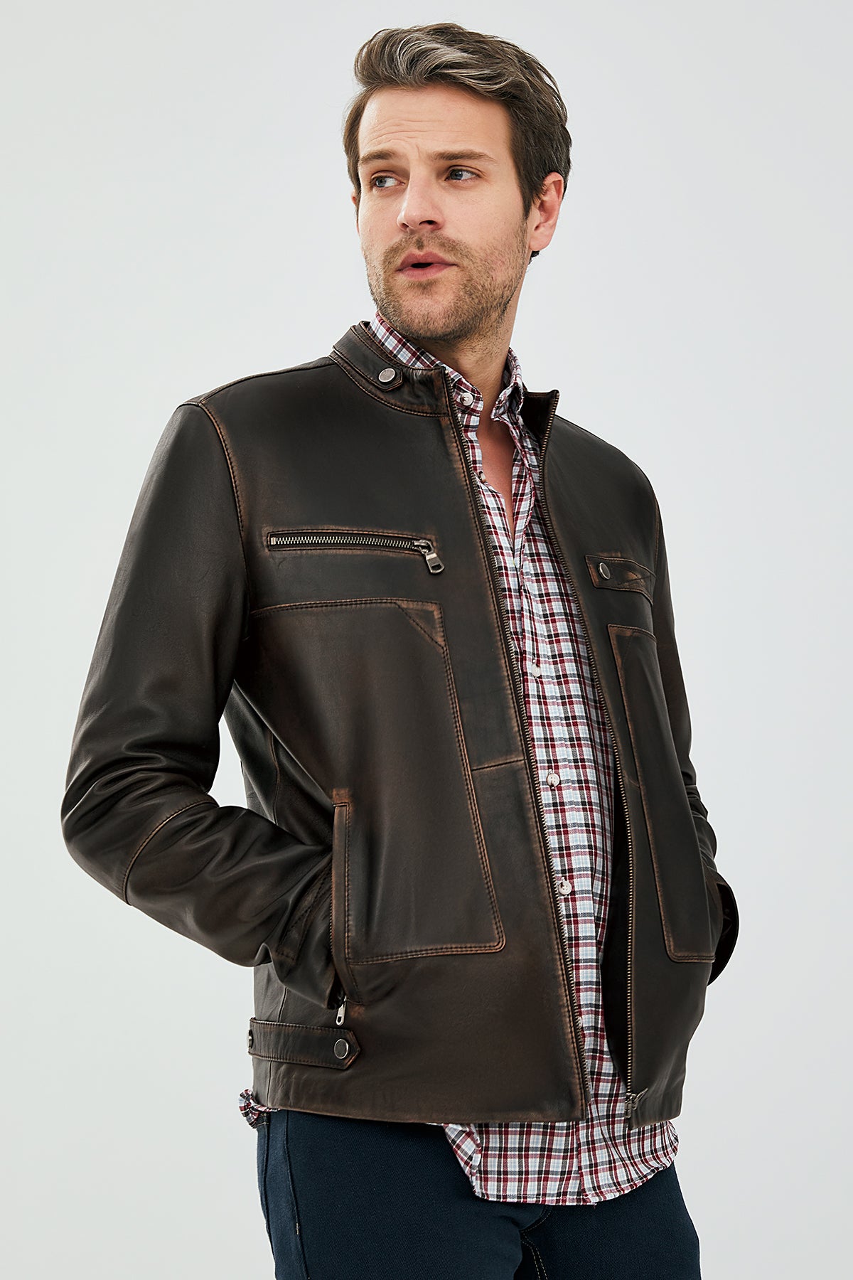 Jokic Brown Men's Vintage Slim-Fit Leather Jacket 23SGD6477VD | Derimod