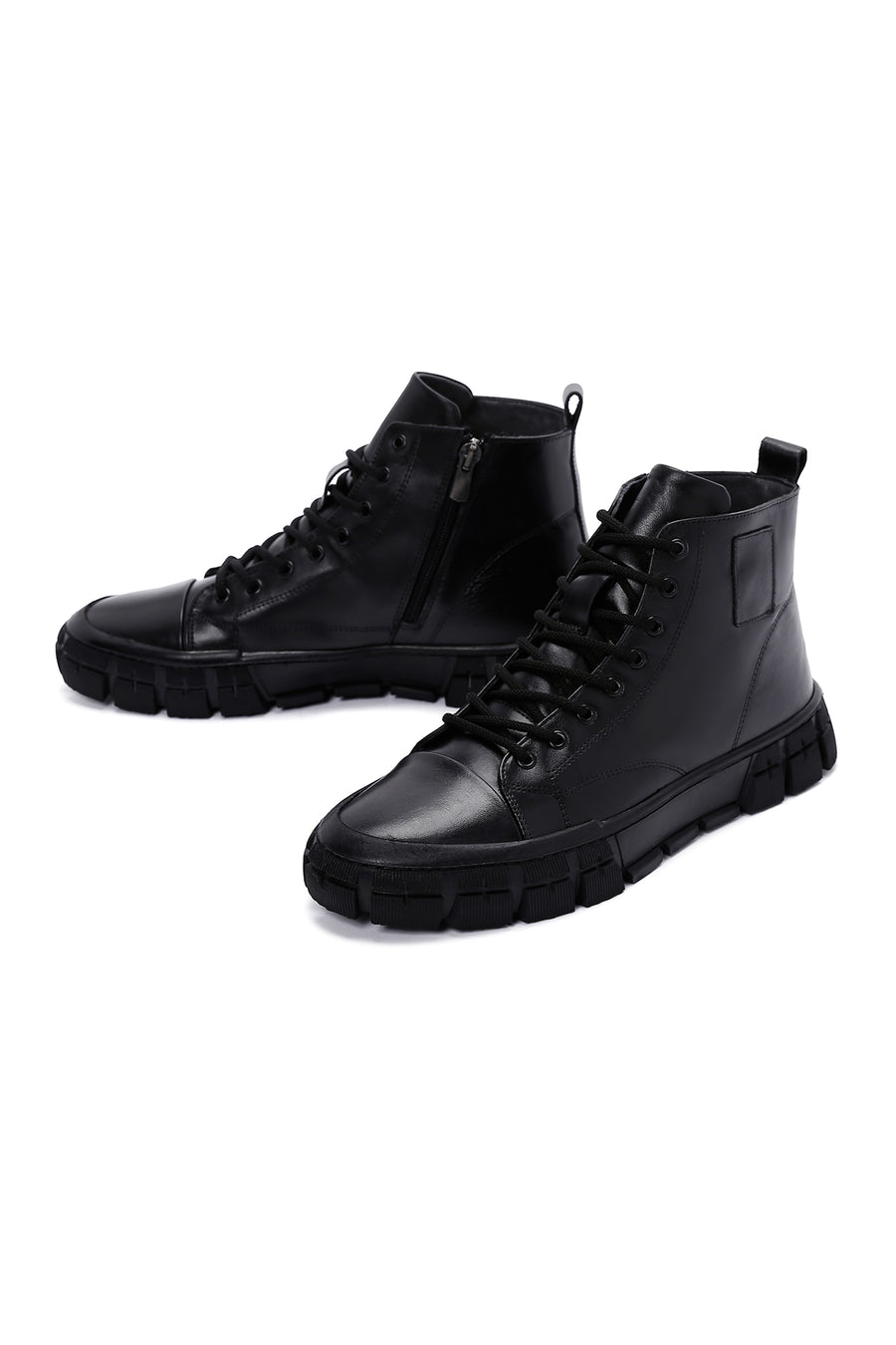 Men's Black Lace-Up Zippered Leather Boots