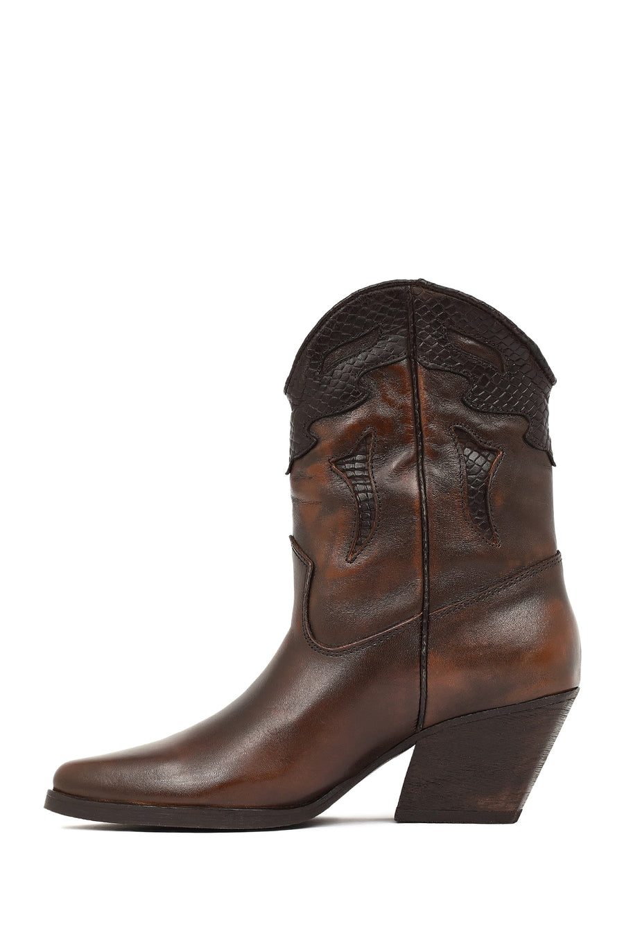 Women's Brown Short Chunky Heel Leather Cowboy Boots