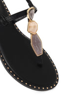 Woman Black Ankle-Buckle Embellished Toe-Post Sandal | Derimod
